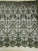 Damask Decor Sequins - Olive Green - 4 Way Stretch Design High Quality Fabric By Yard
