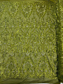 Heart Damask Sequins - Olive Green - 4 Way Stretch Elegant Shiny Net Sequins Fabric By Yard