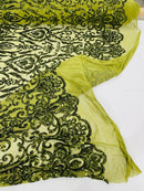 Damask Decor Sequins - Olive Green - 4 Way Stretch Design High Quality Fabric By Yard