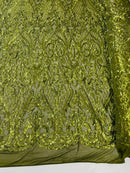 Heart Damask Sequins - Olive Green - 4 Way Stretch Elegant Shiny Net Sequins Fabric By Yard