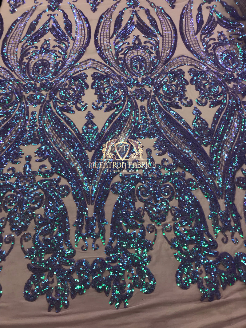 Big Damask Sequins Fabric - Iridescent Lilac - 4 Way Stretch Damask Sequins Design Fabric By Yard