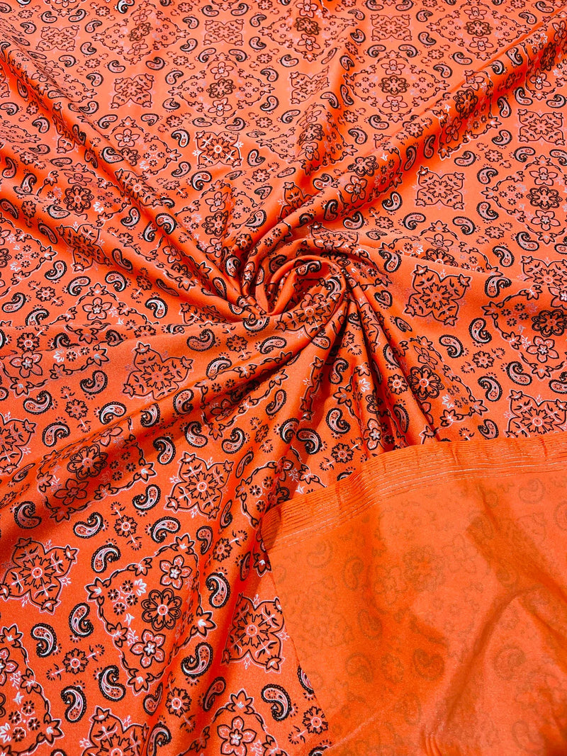 Bandana Print Fabrics - Orange - Lycra Spandex Bandana Fabric Sold By The Yard