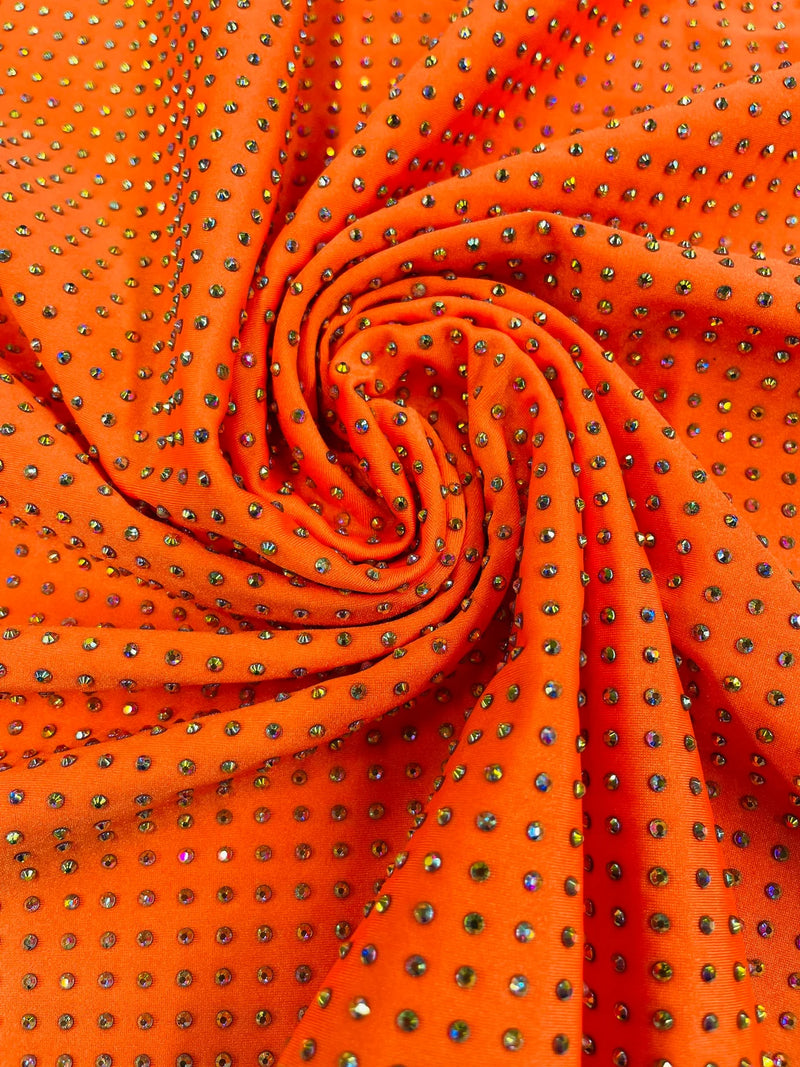 Solid Color Rhinestone Fabric - Orange - 4 Way Stretch Soft Solid Color Fabric with Crystal Stones Sold By Yard