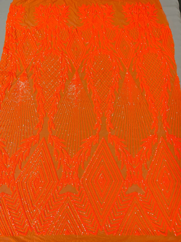 Triangle Sequin Fabric - Neon Orange - Geometric Designs Spandex Mesh By Yard