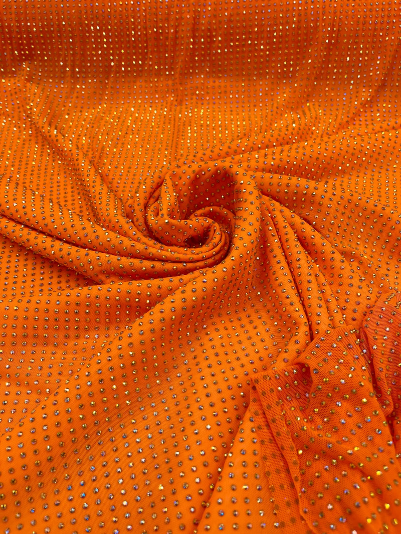 Power Mesh Rhinestone Fabric - Orange - 4 Way Stretch Power Mesh Fabric Crystal Stones By Yard