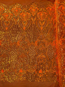 Damask Geometric Sequins - Orange - 4 Way Stretch Sequins Damask Pattern Design Sold By Yard