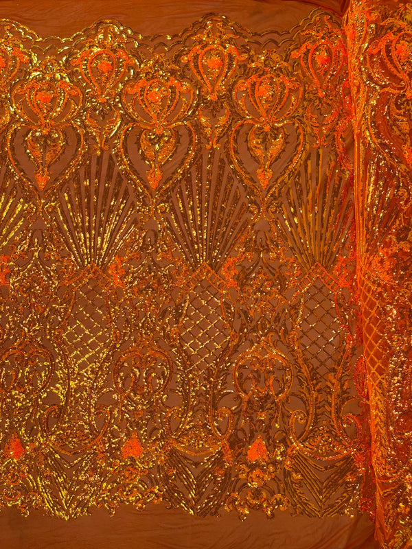 Damask Geometric Sequins - Orange - 4 Way Stretch Sequins Damask Pattern Design Sold By Yard