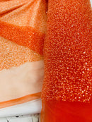 3D Beaded Lace Fabric - Orange - Heavy Embroidery Handmade Lace, Beaded Fabric By Yard