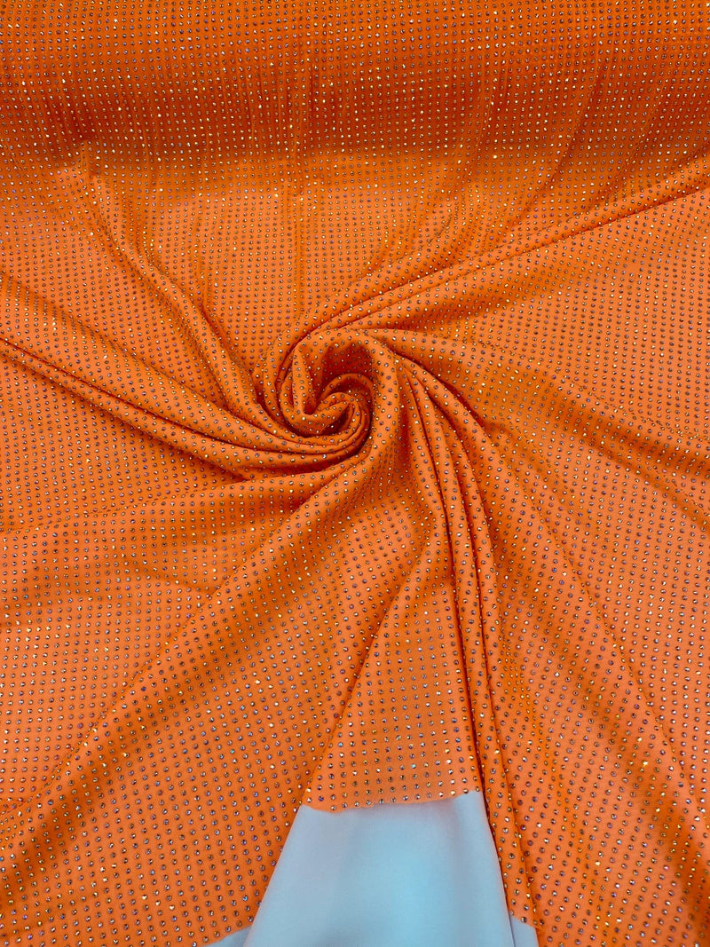 Power Mesh Rhinestone Fabric - Orange - 4 Way Stretch Power Mesh Fabric Crystal Stones By Yard
