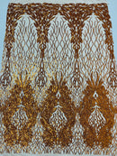 Fancy Leaf Design -  4 Way Stretch Embroidered Sequins Fabric - Pick Color - 25 Yard Roll