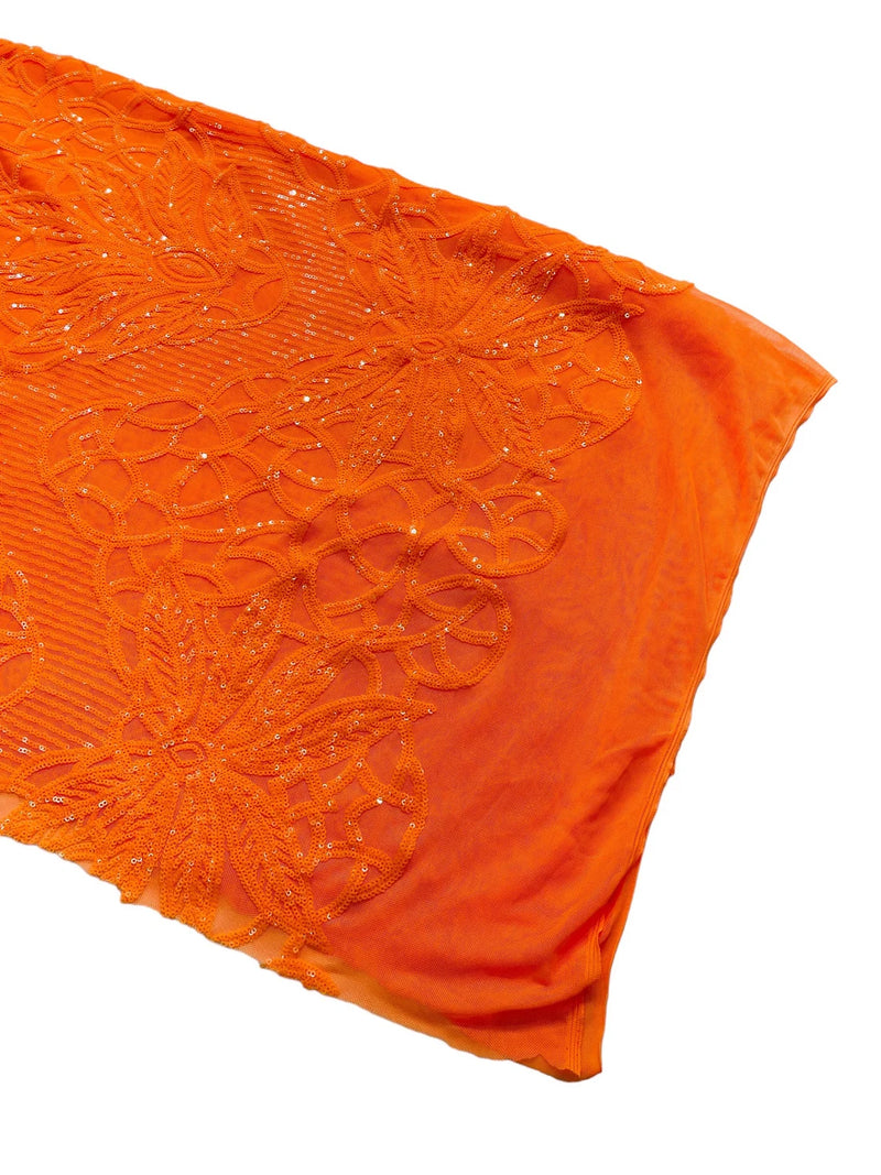 Elegant Floral Leaf Design - Orange - 4 Way Stretch Sequins Lace Spandex Fabric By Yard