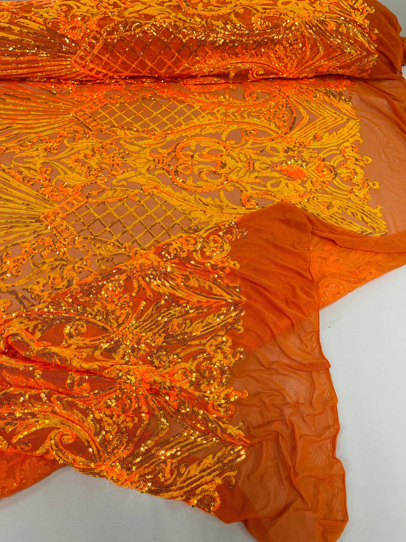 Damask Geometric Sequins - Orange - 4 Way Stretch Sequins Damask Pattern Design Sold By Yard