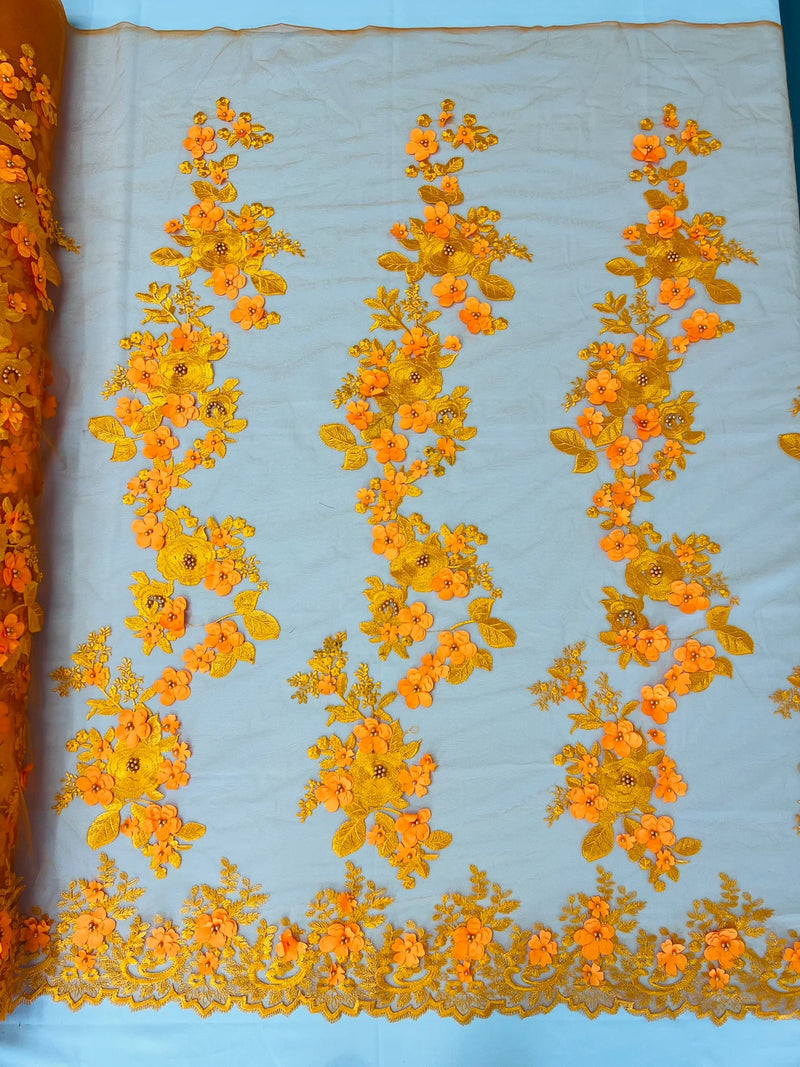 Floral 3D Rose Fabric - Orange - Embroided Rose Flower Design Fabric Sold by Yard