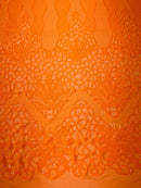 Elegant Floral Leaf Design - Orange - 4 Way Stretch Sequins Lace Spandex Fabric By Yard