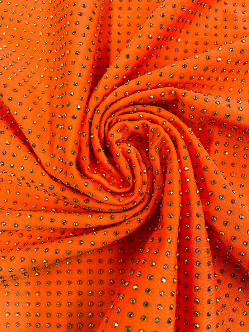 Solid Color Rhinestone Fabric - Orange - 4 Way Stretch Soft Solid Color Fabric with Crystal Stones Sold By Yard