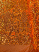 Damask Geometric Sequins - Orange - 4 Way Stretch Sequins Damask Pattern Design Sold By Yard