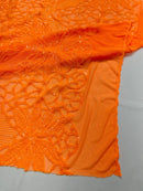Elegant Floral Leaf Design - Orange - 4 Way Stretch Sequins Lace Spandex Fabric By Yard