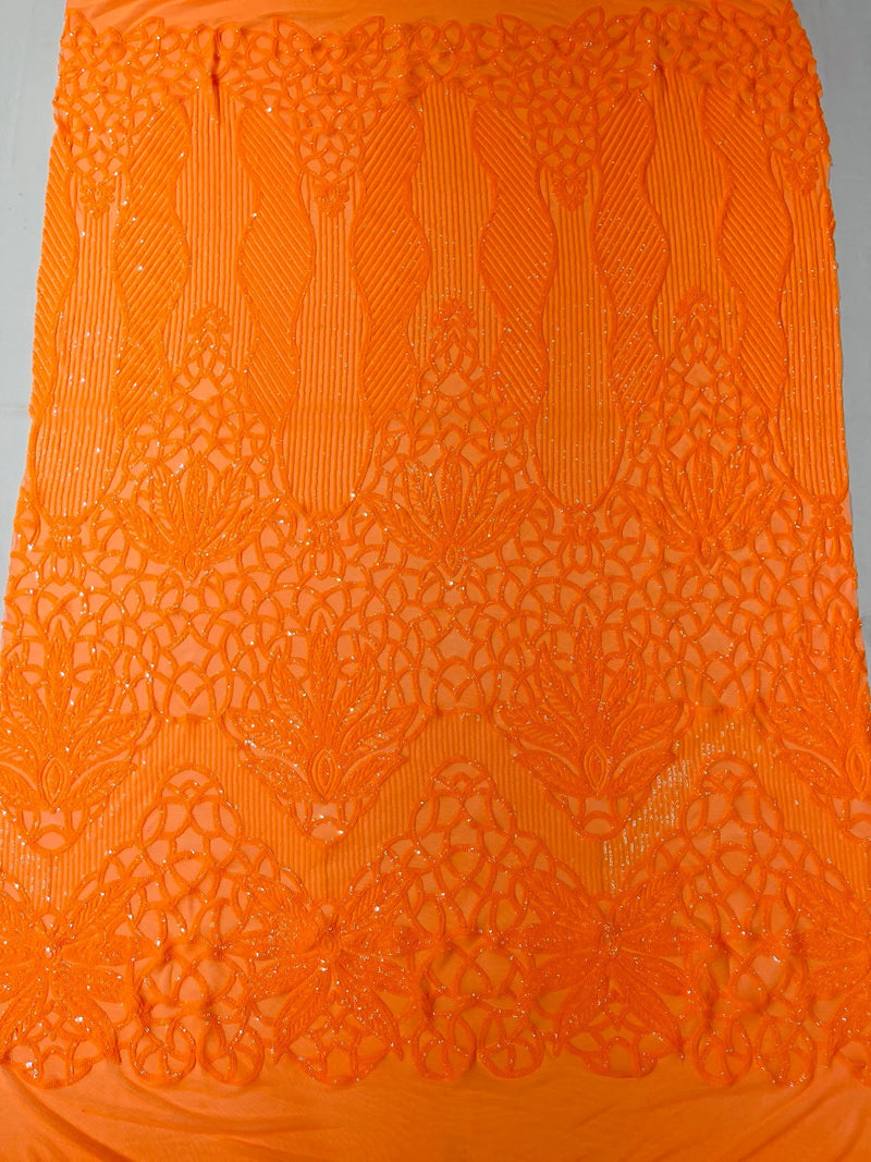 Elegant Floral Leaf Design - Orange - 4 Way Stretch Sequins Lace Spandex Fabric By Yard
