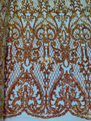 Heart Damask Sequins - Orange/Gold Iridescent - 4 Way Stretch Elegant Shiny Net Sequins Fabric By Yard