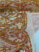 Heart Damask Sequins - Orange/Gold Iridescent - 4 Way Stretch Elegant Shiny Net Sequins Fabric By Yard