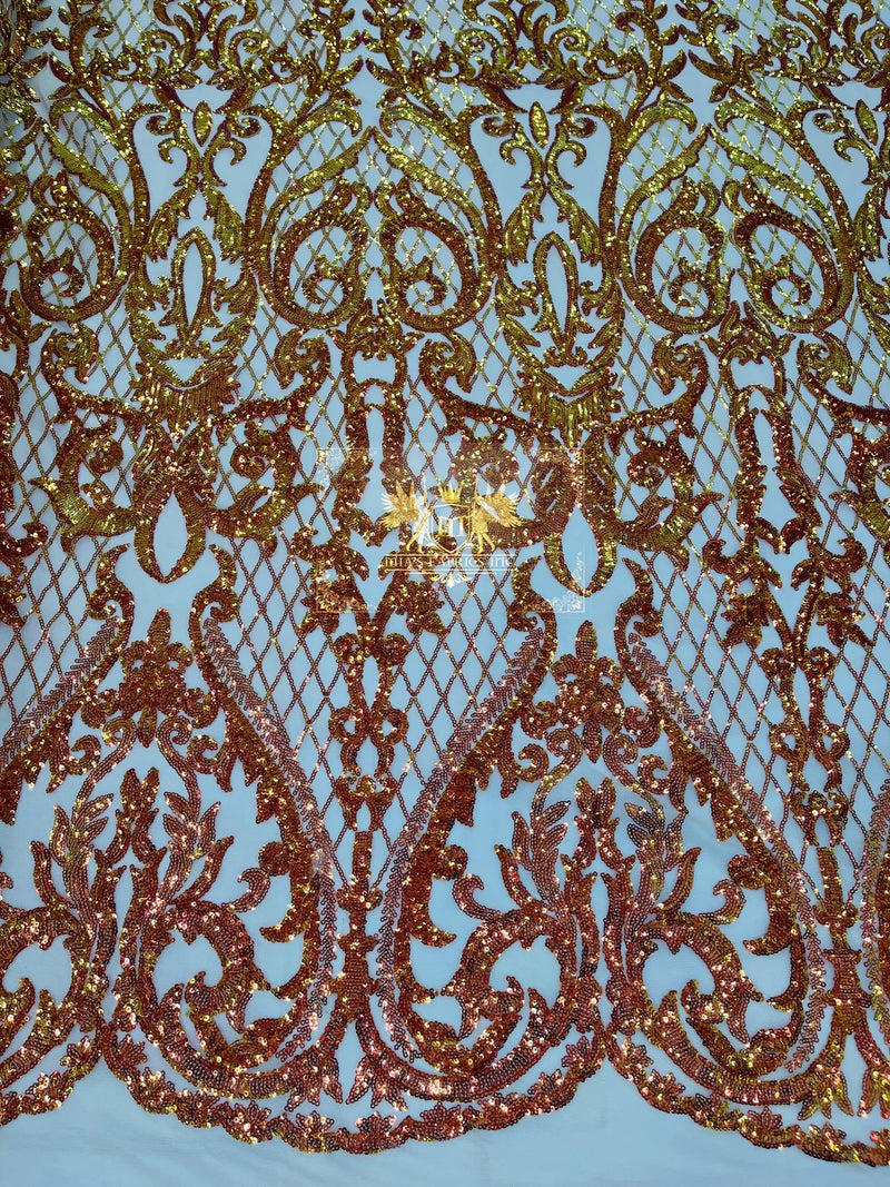 Heart Damask Sequins - Orange/Gold Iridescent - 4 Way Stretch Elegant Shiny Net Sequins Fabric By Yard