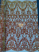 Heart Damask Sequins - Orange/Gold Iridescent - 4 Way Stretch Elegant Shiny Net Sequins Fabric By Yard