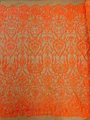 Damask Decor Sequins - Orange Holographic - 4 Way Stretch Design High Quality Fabric By Yard