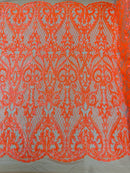 Heart Damask Sequins - Orange Holographic on Nude - 4 Way Stretch Elegant Shiny Net Sequins Fabric By Yard