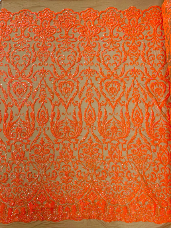 Damask Decor Sequins - Orange Holographic - 4 Way Stretch Design High Quality Fabric By Yard