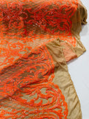 Heart Damask Sequins - Orange Holographic on Nude - 4 Way Stretch Elegant Shiny Net Sequins Fabric By Yard