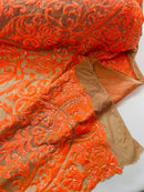 Damask Decor Sequins - Orange Holographic - 4 Way Stretch Design High Quality Fabric By Yard