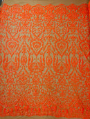 Damask Decor Sequins - Orange Holographic - 4 Way Stretch Design High Quality Fabric By Yard
