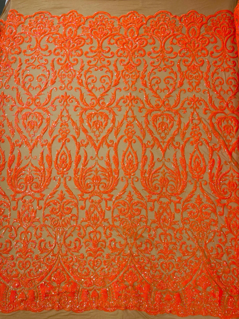 Damask Decor Sequins - Orange Holographic - 4 Way Stretch Design High Quality Fabric By Yard