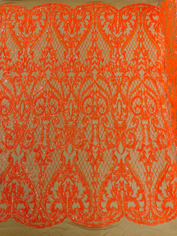 Heart Damask Sequins - Orange Holographic on Nude - 4 Way Stretch Elegant Shiny Net Sequins Fabric By Yard