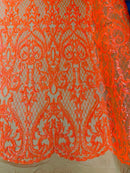 Heart Damask Sequins - Orange Holographic on Nude - 4 Way Stretch Elegant Shiny Net Sequins Fabric By Yard
