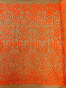Damask Decor Sequins - Orange Holographic - 4 Way Stretch Design High Quality Fabric By Yard