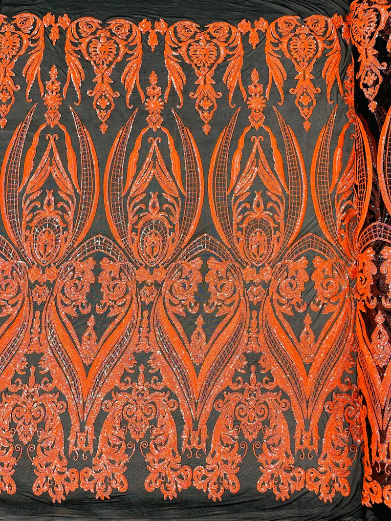 Big Damask Sequins Fabric - Orange on Black - 4 Way Stretch Damask Sequins Design Fabric By Yard