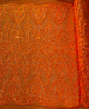 Heart Damask Sequins - Orange Iridescent - 4 Way Stretch Elegant Shiny Net Sequins Fabric By Yard