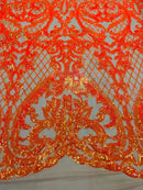 Heart Damask Sequins - Orange Iridescent - 4 Way Stretch Elegant Shiny Net Sequins Fabric By Yard