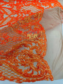 Heart Damask Sequins - Orange Iridescent - 4 Way Stretch Elegant Shiny Net Sequins Fabric By Yard