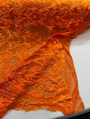 Heart Damask Sequins - Orange Iridescent - 4 Way Stretch Elegant Shiny Net Sequins Fabric By Yard