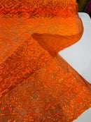 Damask Decor Sequins - Orange Iridescent - 4 Way Stretch Design High Quality Fabric By Yard
