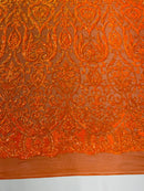 Damask Decor Sequins - Orange Iridescent - 4 Way Stretch Design High Quality Fabric By Yard