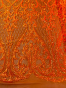 Heart Damask Sequins - Orange Iridescent - 4 Way Stretch Elegant Shiny Net Sequins Fabric By Yard