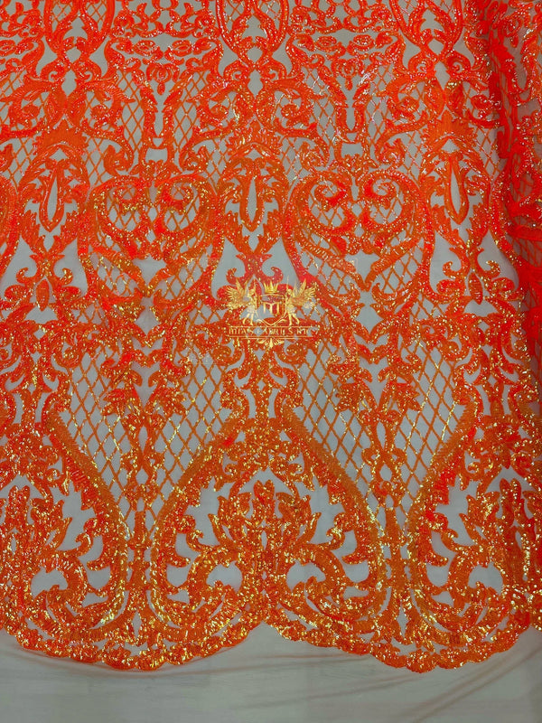 Heart Damask Sequins - Orange Iridescent - 4 Way Stretch Elegant Shiny Net Sequins Fabric By Yard