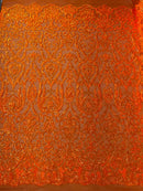 Damask Decor Sequins - Orange Iridescent - 4 Way Stretch Design High Quality Fabric By Yard
