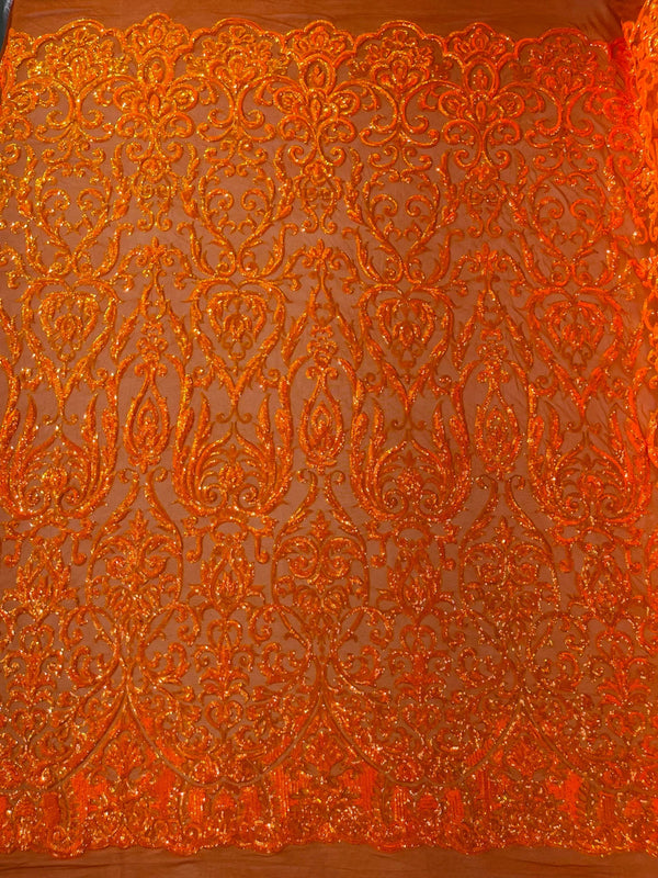 Damask Decor Sequins - Orange Iridescent - 4 Way Stretch Design High Quality Fabric By Yard