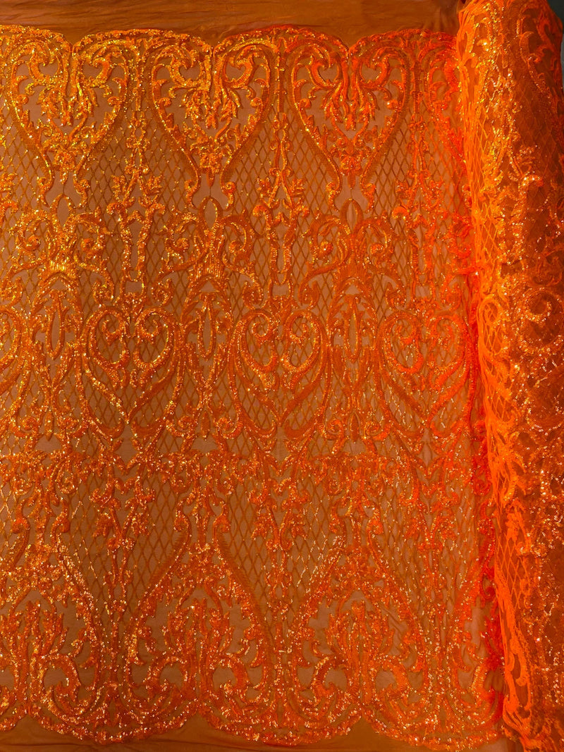 Heart Damask Sequins - Orange Iridescent - 4 Way Stretch Elegant Shiny Net Sequins Fabric By Yard