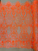 Damask Geometric Sequins - Orange on Nude - 4 Way Stretch Sequins Damask Pattern Design Sold By Yard