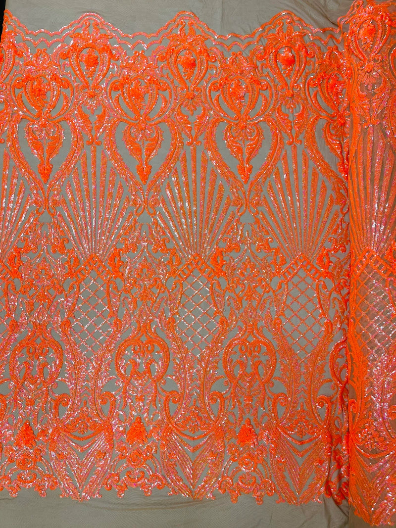 Damask Geometric Sequins - Orange on Nude - 4 Way Stretch Sequins Damask Pattern Design Sold By Yard